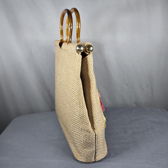 Vintage Handmade Tote Bag Velvet Flowers Woven Straw Look Purse Acrylic Handles - Picture 8 of 12